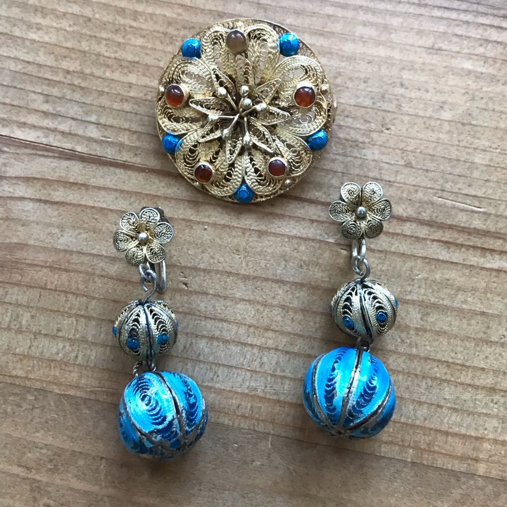 Vintage Chinese Export Filigree Earrings & Brooch